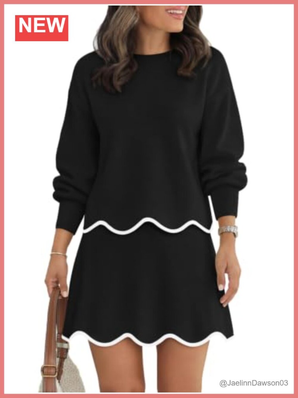Women's 2 Piece Knit Skirt Set Puff Long Sleeve Top Scalloped Trim Fall Outfit